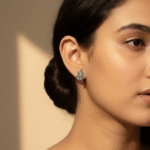 Oxidized Silver Leaf Stud Earrings on model