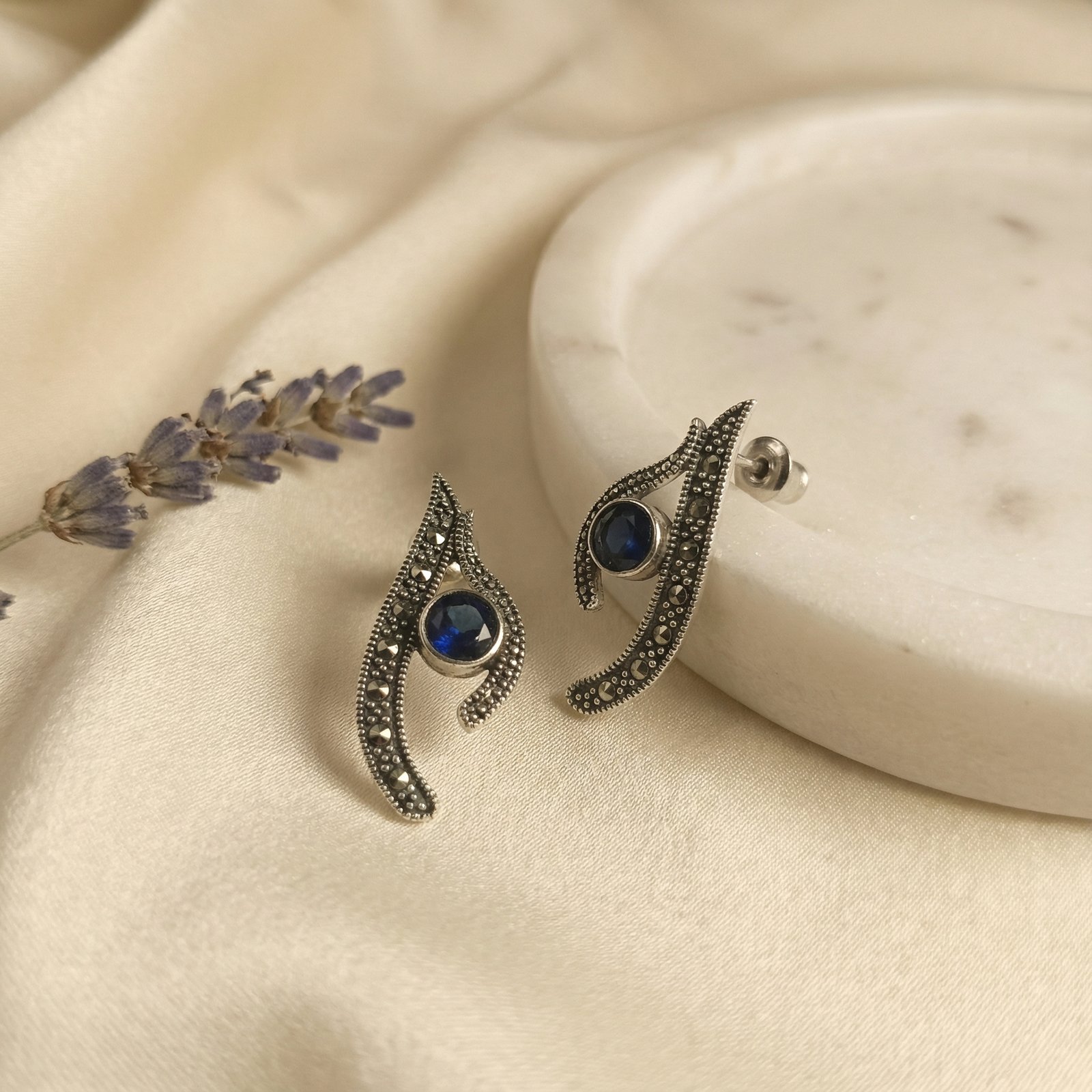 Sapphire Marcasite Wave Stud Earrings