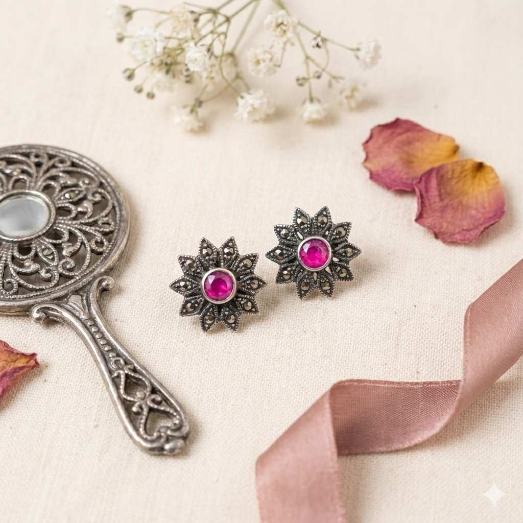 Floral Pink Stone Stud Earrings