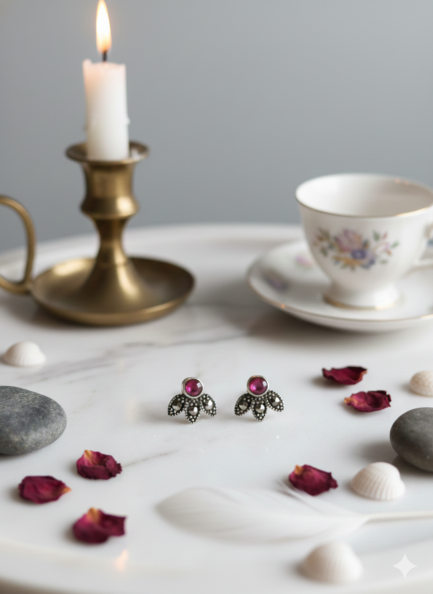 Floral Pink Stone Stud Earrings